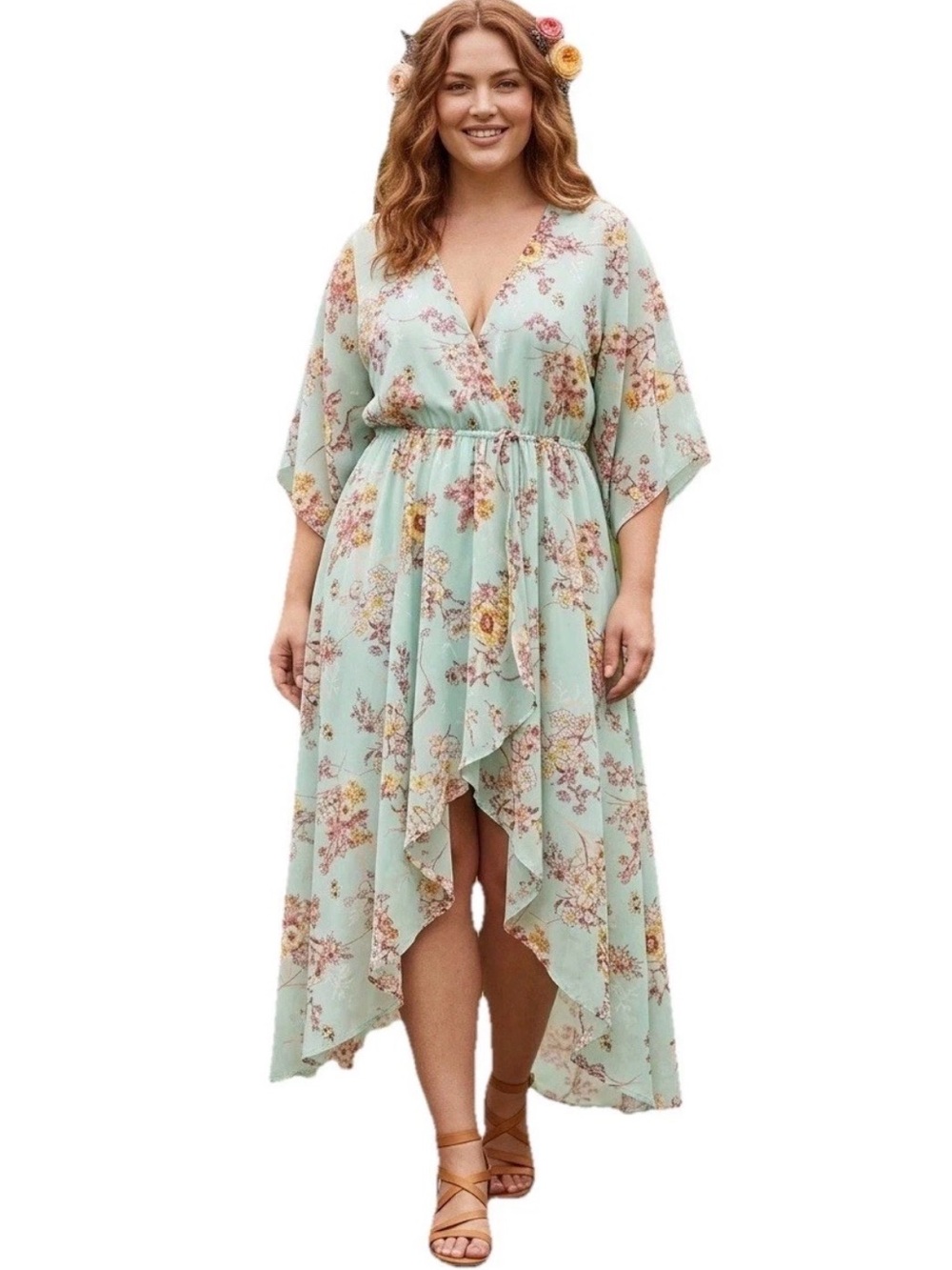 Boho Floral Hi-Low Dress Coverup XL Sheer Chiffon Cottagecore Fairy Coquette